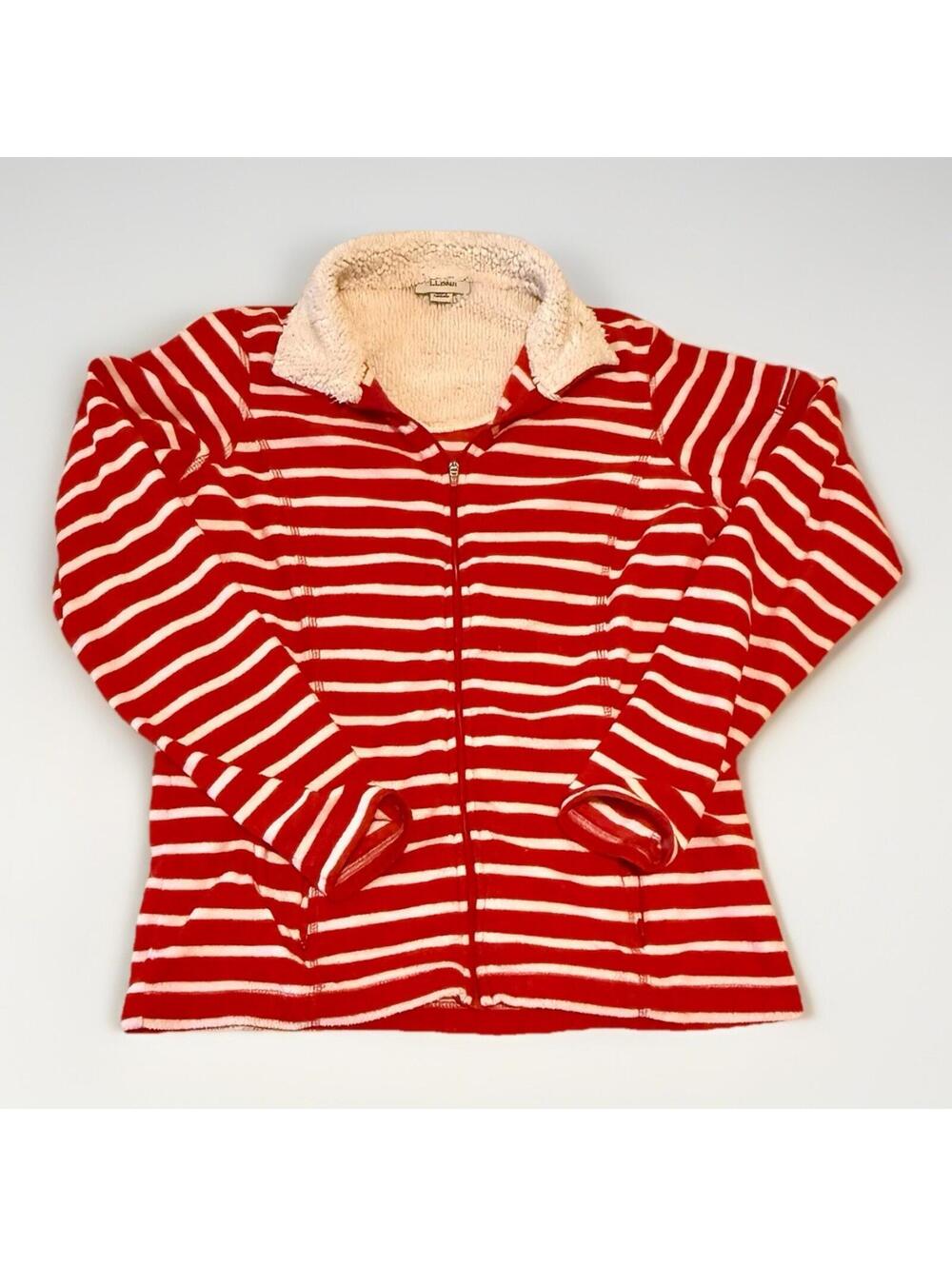 LL Bean Womens X-Small Full Zip Red White Striped Fleece Sweatshirt Sherpa